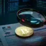 Bitcoin sur formulaire Cerfa 2042 et loupe pour illustrer la fiscalité crypto 2026 en France