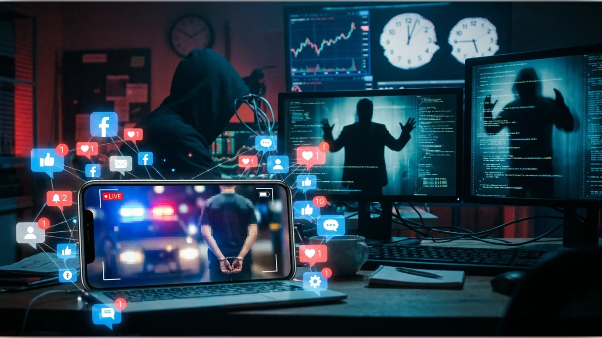 Illustration d'une fausse arrestation sur smartphone avec notifications de réseaux sociaux et un hacker manipulant des données financières dans l'ombre.