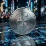 Pièce physique Dogecoin posée sur un écran de trading affichant des graphiques de prix et de volume pour le DOGE Perpétuel.