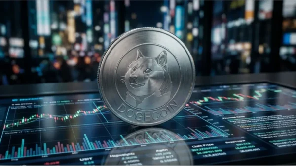 Pièce physique Dogecoin posée sur un écran de trading affichant des graphiques de prix et de volume pour le DOGE Perpétuel.