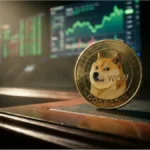 Pièce de Dogecoin sur un bureau de trading illustrant l'analyse technique et l'impact macroéconomique sur la crypto DOGE.
