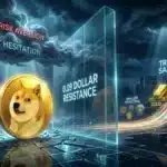 Photographie cinématique d'une pièce Dogecoin face à un mur de verre, symbolisant la résistance du marché et l'aversion au risque.