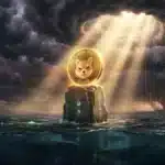Photographie cinématique d'une pièce Shiba Inu sur un pilier avec des baleines nageant en dessous, symbolisant l'accumulation sur le Dogecoin.