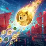 Photographie cinématique d'une pièce Dogecoin brisant des barrières de verre, symbolisant l'explosion de la crypto DOGE et des memecoins.