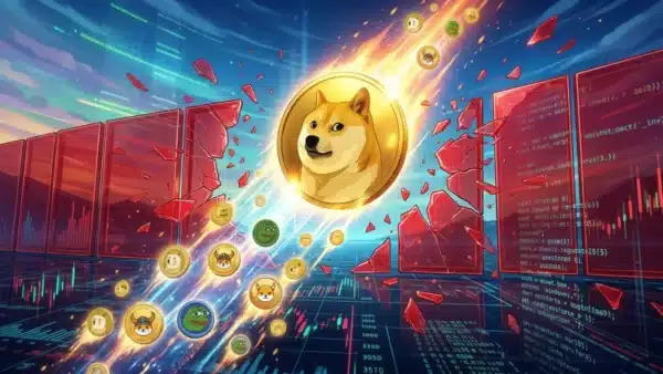 Photographie cinématique d'une pièce Dogecoin brisant des barrières de verre, symbolisant l'explosion de la crypto DOGE et des memecoins.