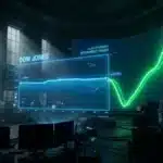 Photographie cinématique d'un graphique Dow Jones stable avec une ligne technologique en forte hausse, symbolisant la différenciation intermarket.