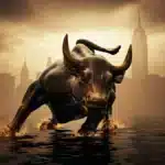 Photographie cinématique d'un taureau en fer ralenti par une marée de pétrole, symbolisant le recul du Dow Jones face à la crise énergétique.