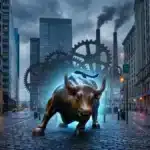 Représentation du taureau de Wall Street et de l'industrie symbolisant la hausse du Dow Jones Industrial Average