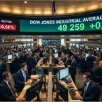 Tableau d'affichage boursier montrant le Dow Jones en hausse de 312 points tandis que le Nasdaq et le S&P 500 sont en baisse sur une salle des marchés animée.