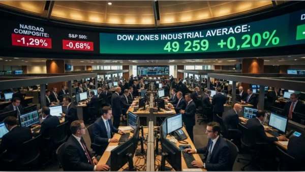 Tableau d'affichage boursier montrant le Dow Jones en hausse de 312 points tandis que le Nasdaq et le S&P 500 sont en baisse sur une salle des marchés animée.