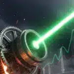 Illustration épique d'engrenages géants et de turbines propulsant un faisceau d'énergie verte, symbolisant l'envolée du Dow Jones.