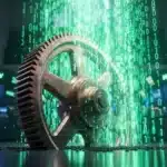 Un engrenage en bronze symbolisant l'industrie s'affaissant tandis que des flux de données numériques verts montent, illustrant la rotation sectorielle à Wall Street.