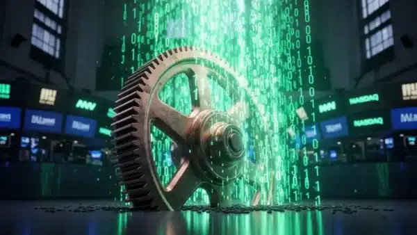 Un engrenage en bronze symbolisant l'industrie s'affaissant tandis que des flux de données numériques verts montent, illustrant la rotation sectorielle à Wall Street.
