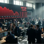 Écran d'affichage financier montrant la baisse du Dow Jones à Wall Street.