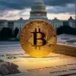 Document financier officiel américain avec un jeton Bitcoin illustrant l'investissement en ETF