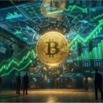 Illustration d'une pièce Bitcoin géante dans une salle de trading futuriste avec des graphiques en hausse symbolisant la croissance du marché crypto.