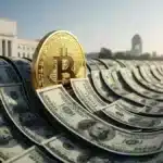 Un Bitcoin doré retenant une vague spectaculaire de billets verts devant la Réserve Fédérale américaine, symbolisant l'afflux d'investissements.