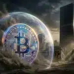 Photographie cinématique d'un Bitcoin affrontant une tempête de sable devant un monolithe noir, symbolisant la résistance de Blackrock.