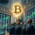 Traders devant le NYSE observant un symbole Bitcoin lumineux et des graphiques de prix en hausse pour les ETF Bitcoin.