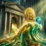 Photographie cinématique d'une vague d'or numérique sortant de Wall Street pour porter le Bitcoin et Solana, symbolisant les flux de l'ETF crypto.