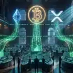 Photographie cinématique des logos Bitcoin, Ethereum et XRP recevant des flux financiers, symbolisant le marché des ETF crypto.