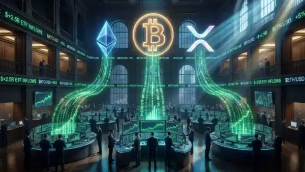 Photographie cinématique des logos Bitcoin, Ethereum et XRP recevant des flux financiers, symbolisant le marché des ETF crypto.