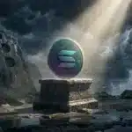 Photographie cinématique d'un jeton Solana résistant à une tempête financière face au Bitcoin et à l'Ethereum.