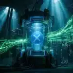 Photographie cinématique d'un jeton XRP enfermé dans une chambre de pression, symbolisant la compression du marché face aux ETF crypto.