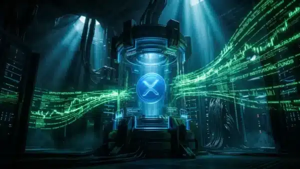 Photographie cinématique d'un jeton XRP enfermé dans une chambre de pression, symbolisant la compression du marché face aux ETF crypto.