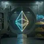 Symbole Ethereum lumineux à l'intérieur d'un coffre-fort de banque institutionnelle entouré de lingots d'or