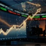 Graphique boursier ascendant brisant un plafond de verre symbolisant le succès du ETF Vanguard Russell