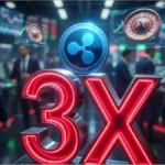 Une pièce XRP en équilibre instable sur un multiplicateur rouge x3, symbolisant l'extrême dangerosité du nouvel ETF crypto face à la SEC.
