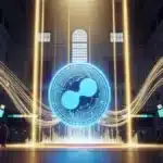 Photographie cinématique d'un jeton XRP lumineux s'élevant au cœur d'une bourse classique, symbolisant le succès des ETF à un milliard de dollars.