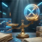 Pièce XRP en équilibre sur une balance avec des dossiers de régulation de la SEC et des graphiques de trading