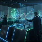 Traders professionnels analysant le cours de l'Ethereum sur des écrans holographiques futuristes