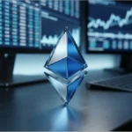 Logo Ethereum cristallin devant des écrans de trading affichant des graphiques financiers