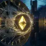 Logo Ethereum doré et lumineux intégré dans un mécanisme de coffre-fort haute sécurité avec des fibres optiques.