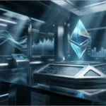 Logo Ethereum cristallin flottant dans une salle de trading futuriste avec écrans de données boursières
