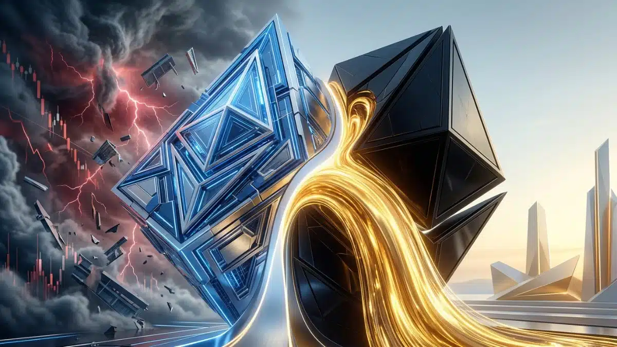 Illustration abstraite montrant deux structures technologiques se séparant moyennant un lourd transfert d'énergie dorée, symbolisant l'annulation stratégique et coûteuse d'une fusion boursière pour éviter un marché instable.