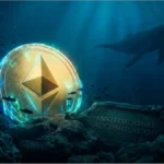 Pièce Ethereum lumineuse sous l'eau avec une baleine en arrière-plan symbolisant l'accumulation institutionnelle