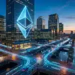 Illustration futuriste du réseau Ethereum avec flux de liquidités et institutionnels dans un quartier d'affaires