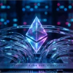 Logo Ethereum cristallin lumineux connecté par des fibres optiques sur un circuit imprimé