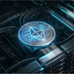 Pièce Ethereum argentée avec inscription Institutional Adoption sur un circuit imprimé technologique