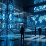 Professionnels de la finance analysant les données du réseau Ethereum et la macroéconomie mondiale sur des écrans numériques