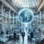 Salle de marché futuriste illustrant l'intégration de la blockchain dans les infrastructures financières traditionnelles.