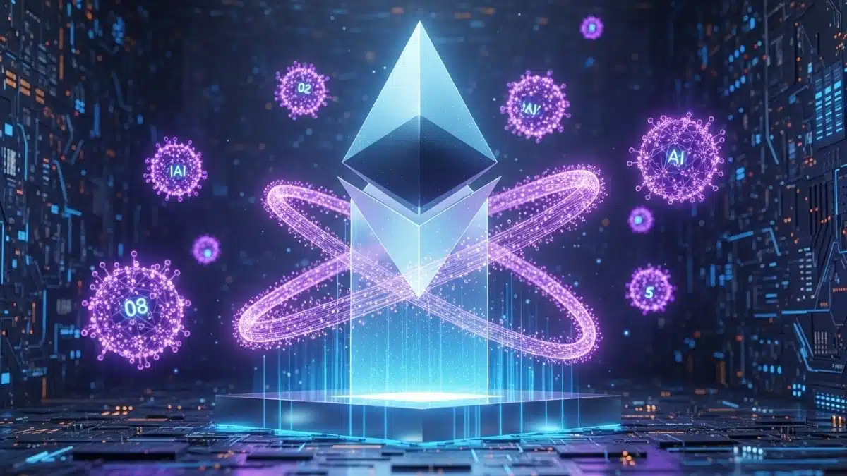 Illustration conceptuelle du logo Ethereum s'élevant et repoussant des flux de données symbolisant l'intelligence artificielle quantique.
