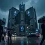 Bâtiment financier futuriste illustrant la pression macroéconomique sur la blockchain Ethereum et les investisseurs institutionnels.