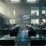 Salle de trading crypto avec logo Ethereum en hologramme et traders analysant les graphiques de prix