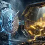 Photographie cinématique d'une pièce Ethereum protégeant des actifs réels, symbolisant la révolution RWA sur le marché de la crypto.