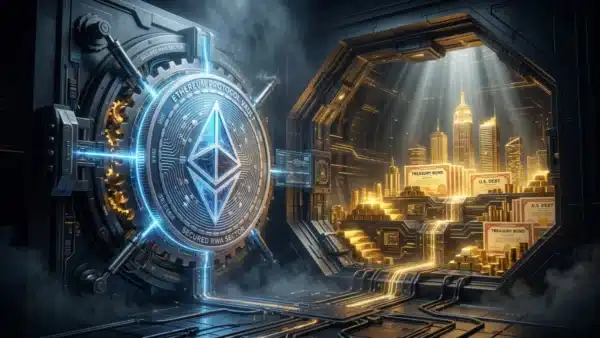 Photographie cinématique d'une pièce Ethereum protégeant des actifs réels, symbolisant la révolution RWA sur le marché de la crypto.